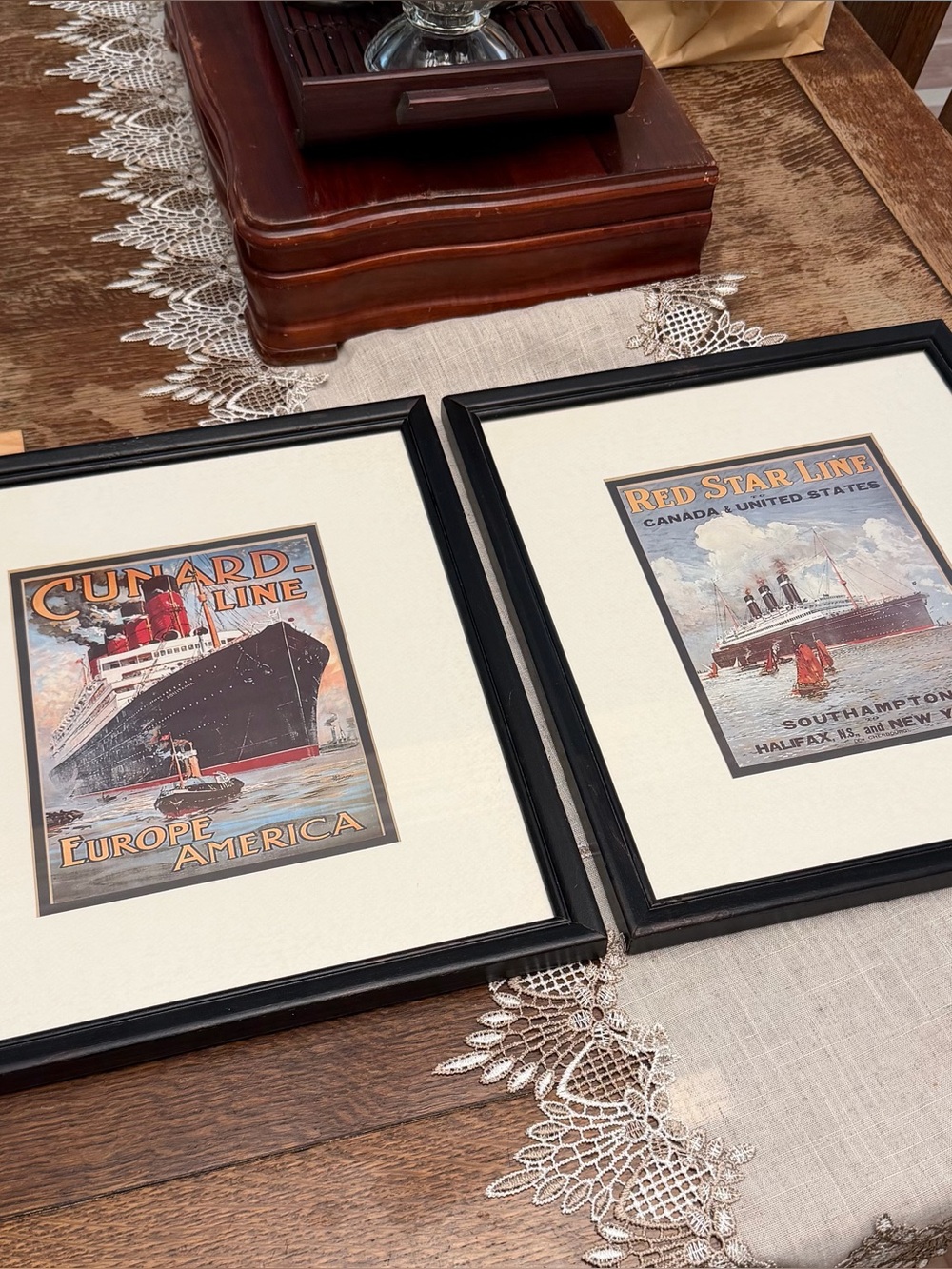 Vintage Ocean Liner Framed Art Prints(Cunard & Red Star Line)Matching Pair 15x13